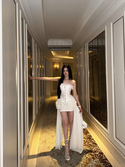 Sexy White Sheath Sweetheart Neck Beaded Chiffon Satin Short Homecoming Dress DP4480