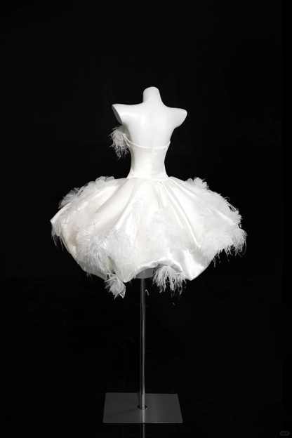 White A Line Strapless Feather Satin Short Homecoming Dress Cocktail Dress DP2643