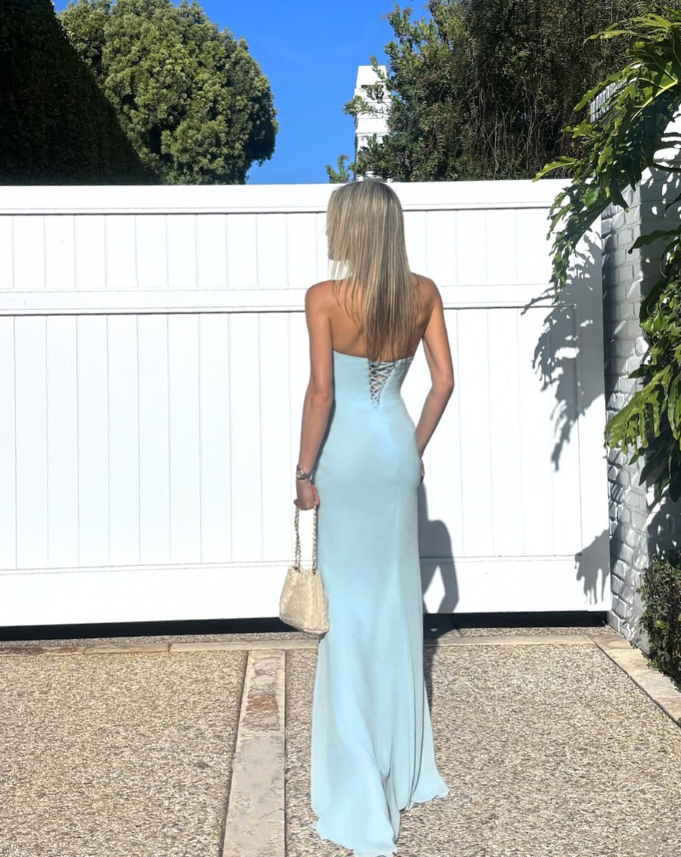 Summer Baby Blue Sheath Strapless Chiffon Long Prom Dress Evening Dress Date Dress DP6180