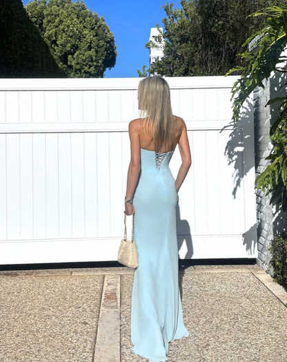 Summer Baby Blue Sheath Strapless Chiffon Long Prom Dress Evening Dress Date Dress DP6180