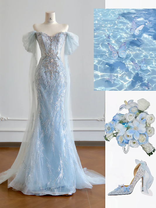 Baby Blue Mermaid Off the Shoulder Rhinestone Sequin Tulle Prom Dress 16th Birthday Dress DP3875