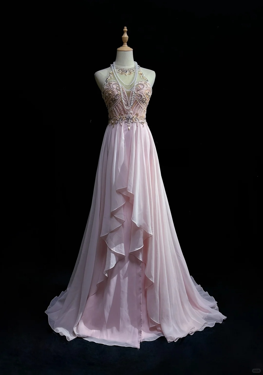 Elegant A Line Round Neck Beaded Pink Chiffon Long Open Back Prom Dress Party Dress DP2769