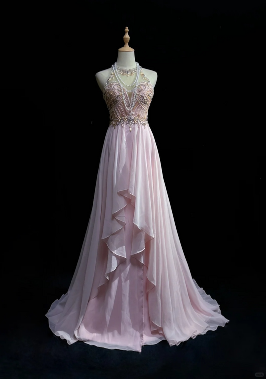 Elegant A Line Round Neck Beaded Pink Chiffon Long Open Back Prom Dress Party Dress DP2769