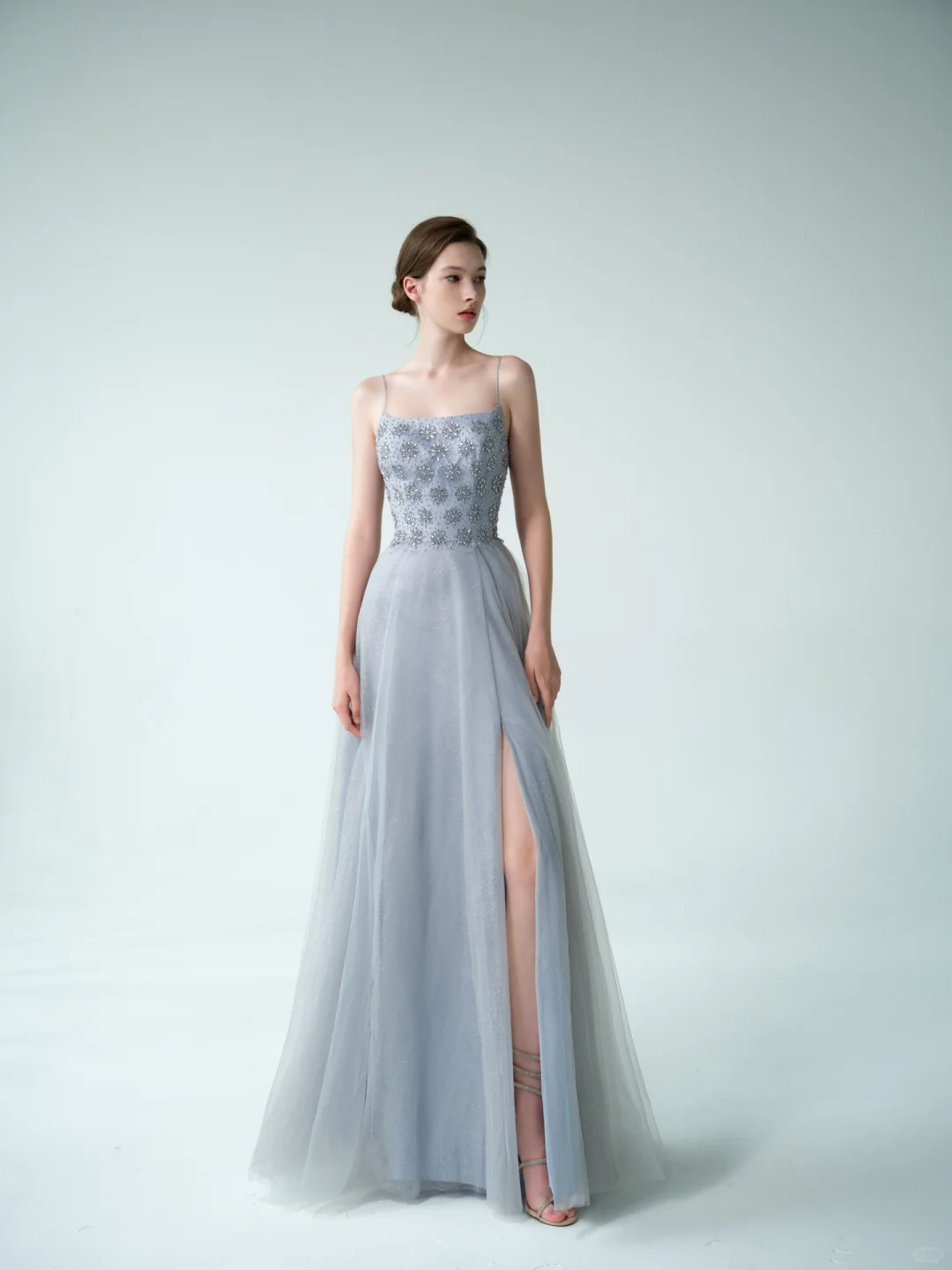 Blue A Line Spaghetti Strap Exquisite Beaded Tulle Prom Dress Evening Dress DP3738