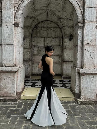 Stunning Mermaid Halter White Chiffon Black Satin Prom Dress 16th Birthday Dress DP3975