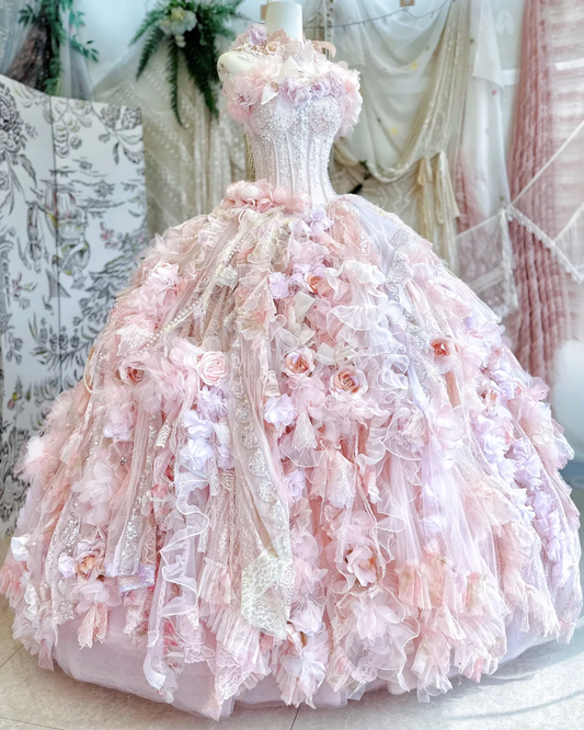Pink Ball Gown Sweetheart Neck Floral Beaded Layered Tulle Prom Dress 16th Birthday Dress DP3772