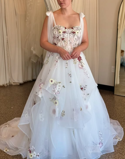 Pretty A Line Straps Appliques White Tulle Prom Dress Wedding Dress DP4101