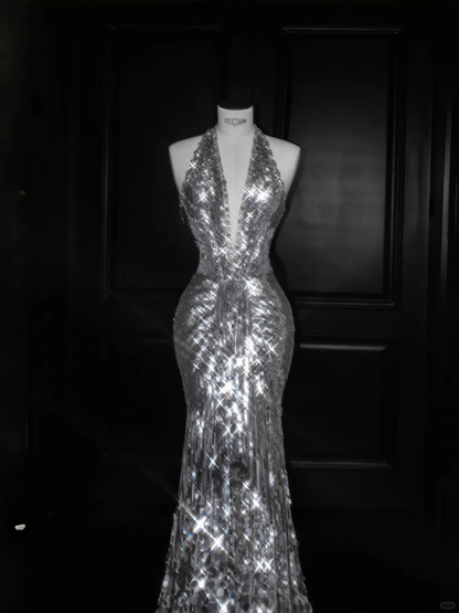 Sexy Mermaid Halter Silver Sequin Open Back Long Prom Dress Evening Dress DP2654