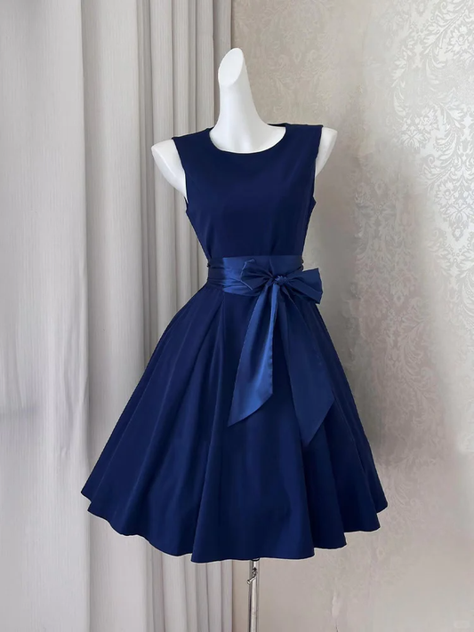 Classic Navy Blue A Line Round Neck Satin Homecoming Dress DP5166