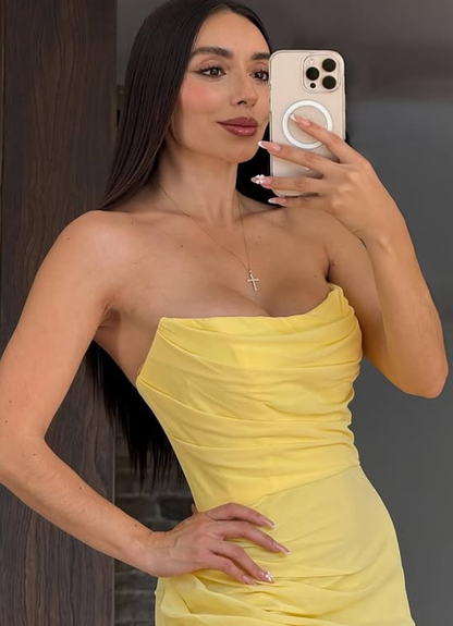 Pretty Yellow Sheath Strapless Chiffon Prom Dress Evening Dress Date Dress DP6192