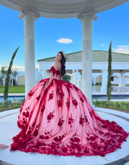 Stunning Burgundy Floral Off the Shoulder Tulle Ball Gown Sweet 16 Dress Quinceanera Dress DP3022