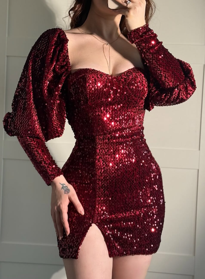 Sexy Shiny Sheath Long Sleeve Burgundy Sequin Short Homecoming Dress Cocktail Dress DP5042