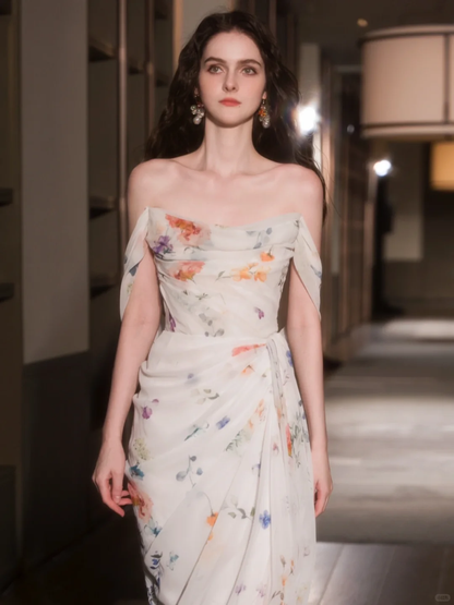 Gentle A Line Off the Shoulder Print Flower Chiffon Prom Dress Evening Dress DP2796
