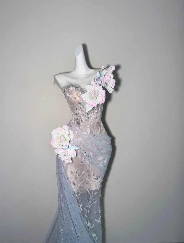 Gentle Blue Mermaid One Shoulder Exquisite 3D Floral Tulle Prom Dress Evening Dress DP6625