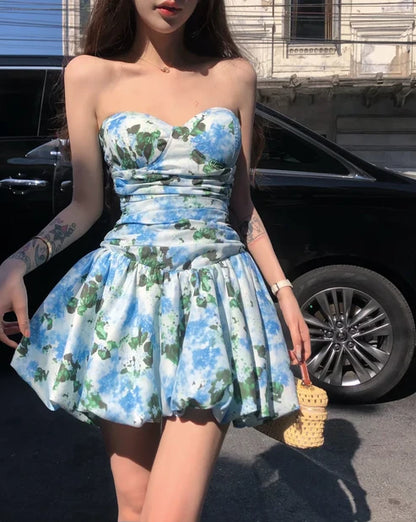 Cute A Line Sweetheart Neck Blue Print Floral Satin Short Homecoming Dress Outfits DP6398