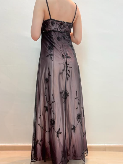 Vintage Pink Ombre A Line Beaded Black Tulle Satin Prom Dress Evening Dress Date Dress DP5275
