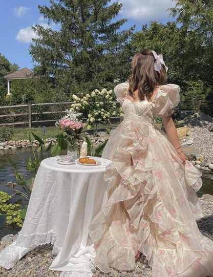 Princess Ball Gown Puff Print Floral Tulle Prom Dress Party Dress Date Dress DP4455