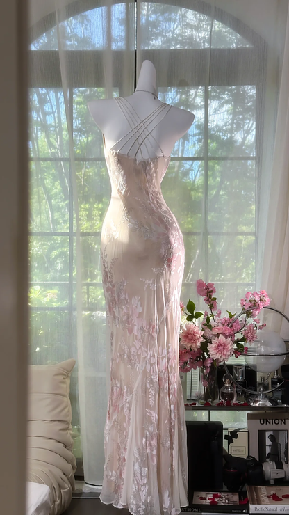 Beige Elegant Sheath Print Floral Chiffon Long Prom Dress Graduation Prom Dress DP4945