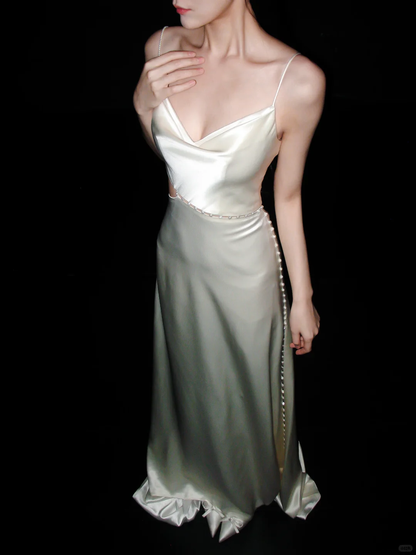 White Pearl A Line Spaghetti Strap Satin Long Wedding Dress DP5783