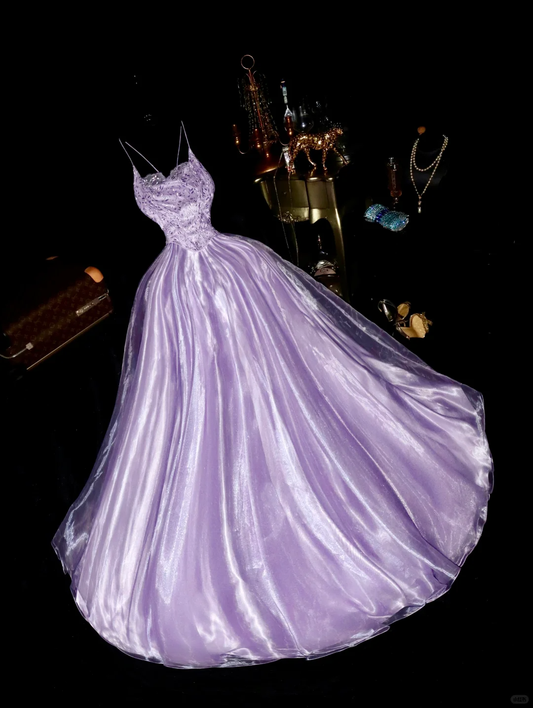 Romantic Purple A Line Spaghetti Strap Organza Satin Prom Dress 21th Birthday Dress DP3895