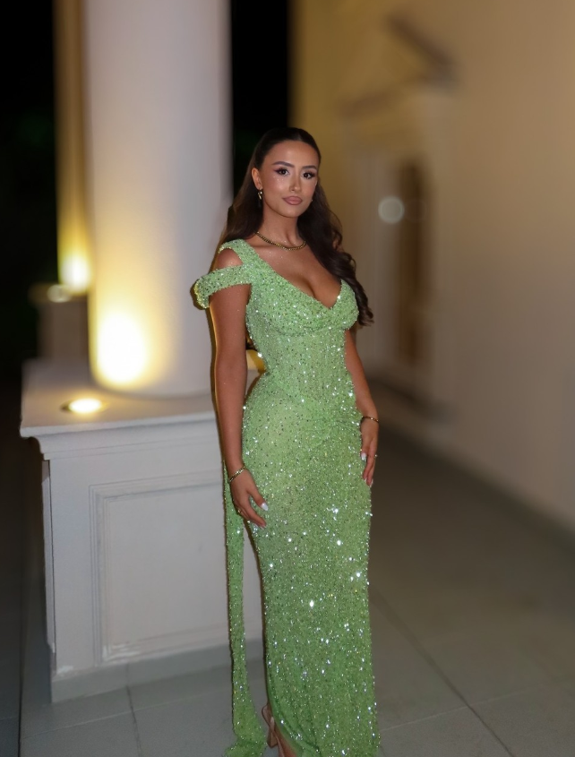 Shiny Green Sheath One Shoulder Beaded Sequin Long Prom Dresses DP4622