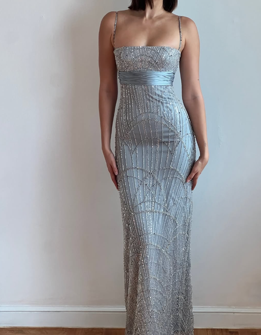 Gorgeous Sheath Spaghetti Strap Beaded Grey Satin Long Prom Dress Evening Dress DP1685