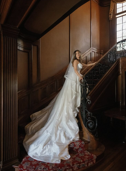 Classic Ball Gown Sweetheart Neck White Satin Long Train Wedding Dress DP5836