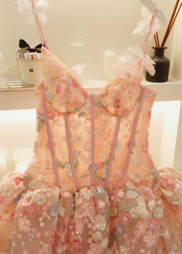 Pink A Line Strap Exquisite Embroidery Corset Tulle Short Prom Dress Homecoming Dress DP7965