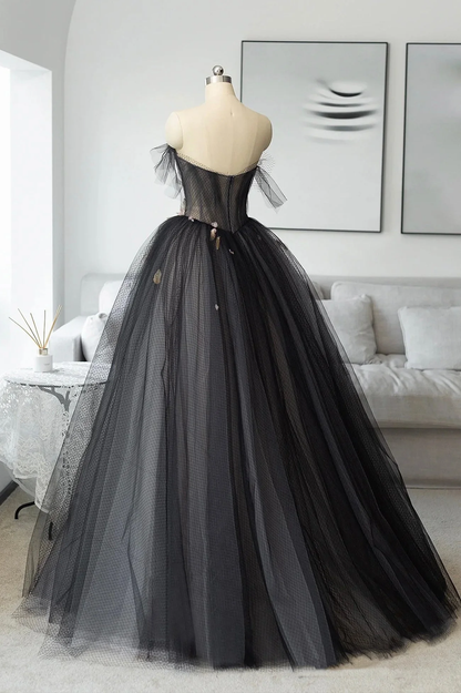 Black Tulle Appliques Long Prom Dress Strapless Evening Dress DP405