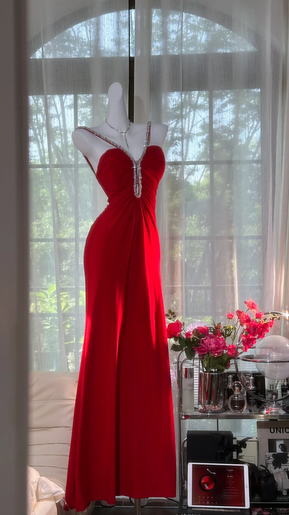 Red Gentle Simple Beaded Chiffon Prom Dress Date Dress Evening Dress DP2952