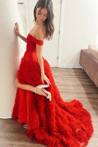 Off-the-Shoulder Red Ruffle Long Floor Length Prom Dress with Slit DP1139