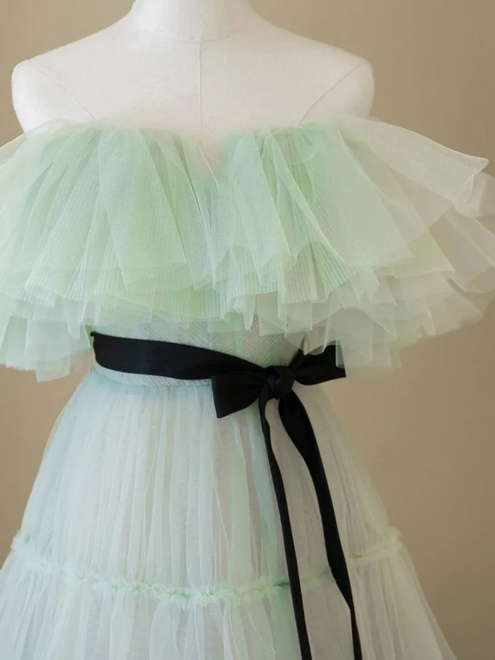 Light Green A Line Off the Shoulder Tulle Long Prom Dress Evening Dress DP1123