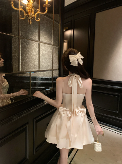 Cute A Line Halter Light Champagne Satin Short Homecoming Dress with Bow DP2698
