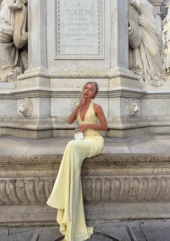 Glamour Yellow Mermaid Halter Sequin Satin Backless Long Prom Dress Party Dress DP6801