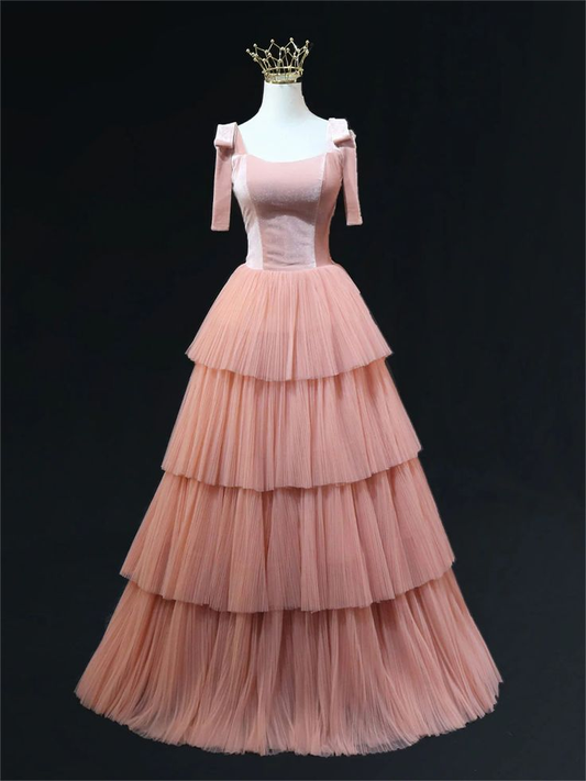 Elegant Pink Velvet Layered Tulle Long Prom Dress Evening Dress DP461