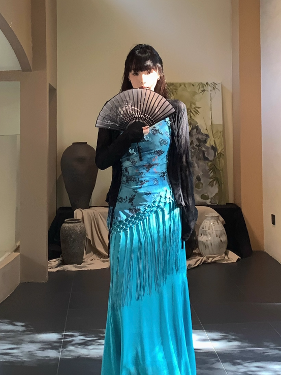 Blue Print Floral Mermaid Spaghetti Straps Chiffon Long Date Dress Party Dress Outfits DP3426