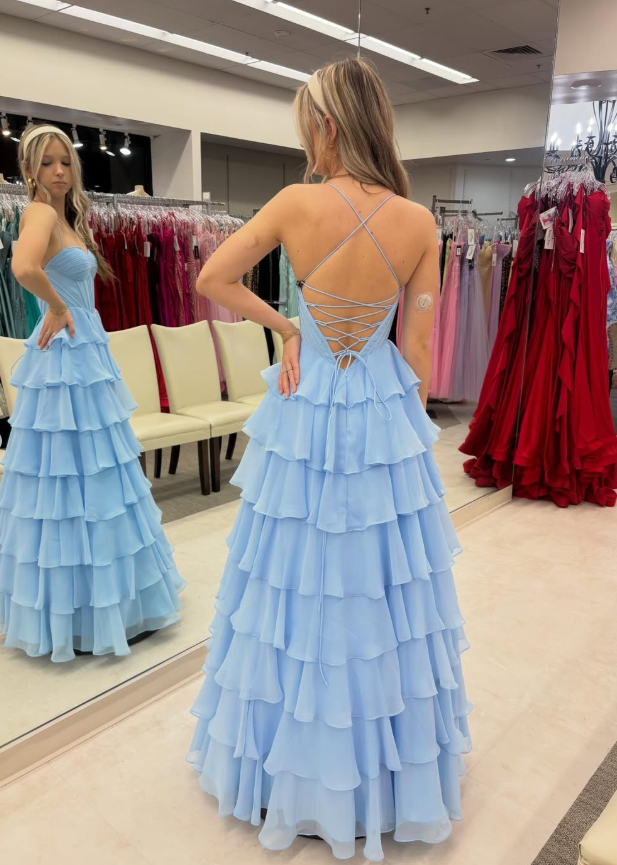 Sky Blue A Line Spaghetti Strap Layered Chiffon Long Prom Dress Evening Dress DP5942