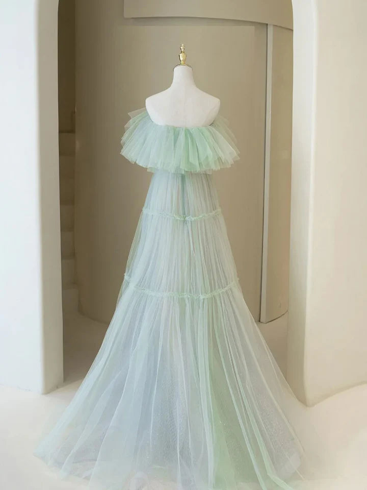 Light Green A Line Off the Shoulder Tulle Long Prom Dress Evening Dress DP1123