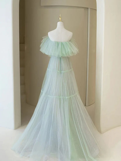 Light Green A Line Off the Shoulder Tulle Long Prom Dress Evening Dress DP1123