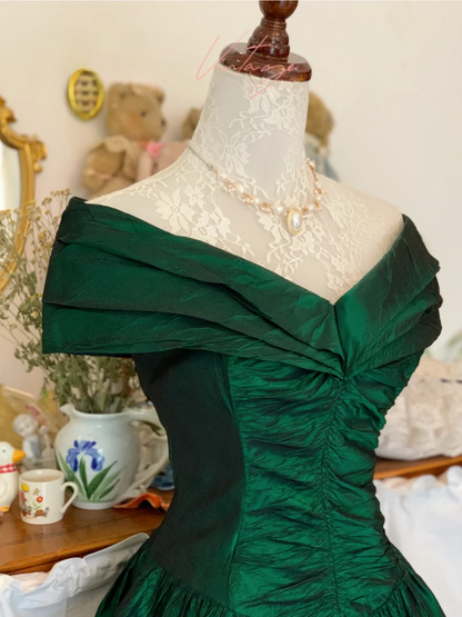 Vintage Classic Green A Line Off the Shoulder Satin Prom Dress 16th Birthday Dress DP4139