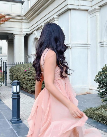 Pink Strapless Ruffle Chiffon Long Prom Dress Evening Dress DP1391