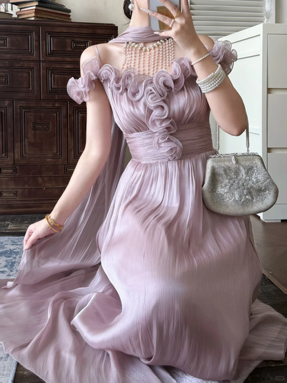 Dreamy Purple A Line Off the Shoulder Chiffon Long Prom Dress Evening Dress DP5644