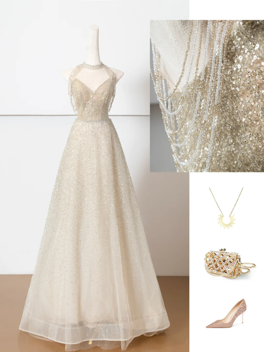 Shiny A Line Halter Beaded Sequin White Organza Long Prom Dresses DP4183