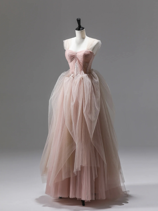 Elegant Pink Tulle Lace Long Prom Dress A Line Evening Dress DP396