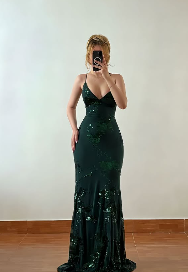 Sexy Dark Green Sheath Spaghetti Strap Sequin Chiffon Prom Dress Evening Dress DP6414