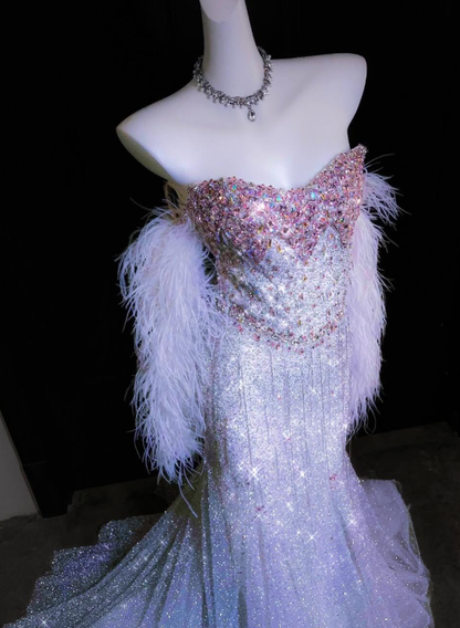 Dreamy Lilac Mermaid Strapless Beaded Feather Tulle Prom Dress Evening Dress DP6619