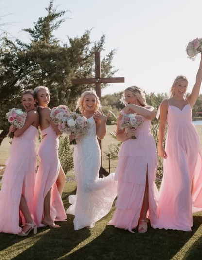 Sweety Pink A Line Straps Layered Chiffon Long Prom Dress Bridesmaid Dress with Slit DP4984
