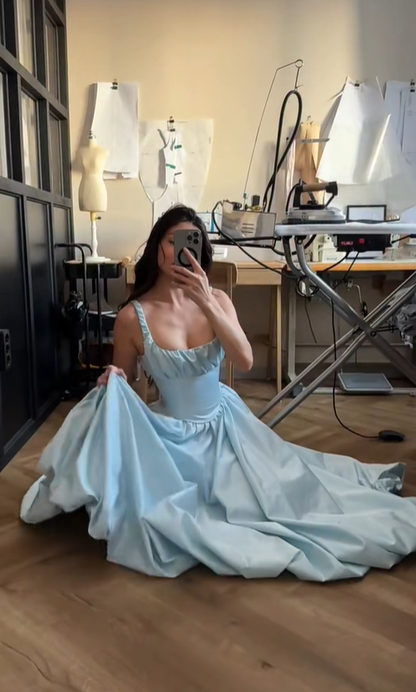 Elegant Blue A Line Spaghetti Strap Satin Long Prom Dress Outfits DP4537