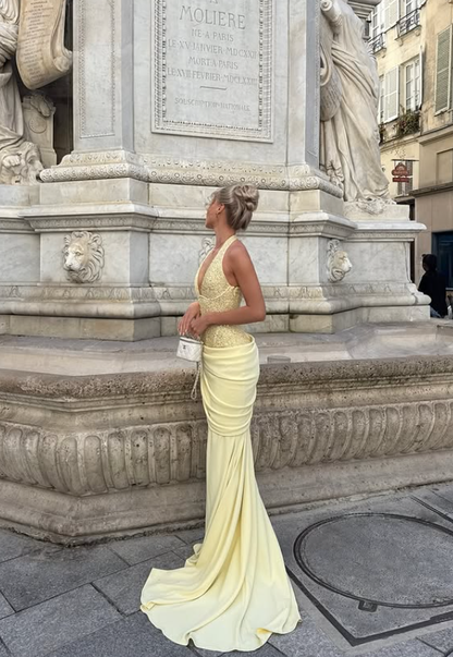 Glamour Yellow Mermaid Halter Sequin Satin Backless Long Prom Dress Party Dress DP6801