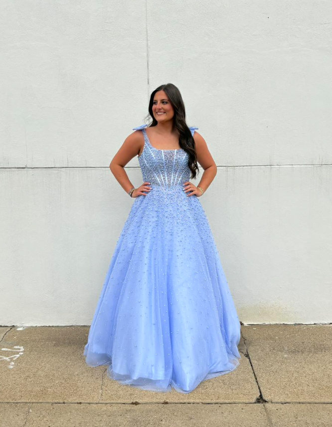 Blue A Line Spaghetti Straps Exquisite Pearl Beaded Tulle Prom Dress Party Evening Dress DP6306